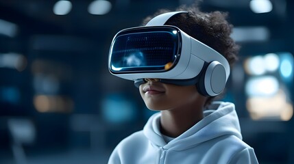Young Boy Wearing Cutting Edge Virtual Reality Headset Exploring Immersive Digital Experience