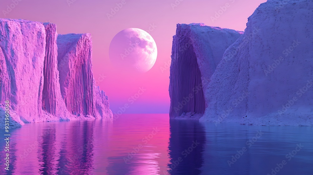 Poster luminescent neon purple cliffs with moon reflection in tranquil waters on magenta background - 3d re