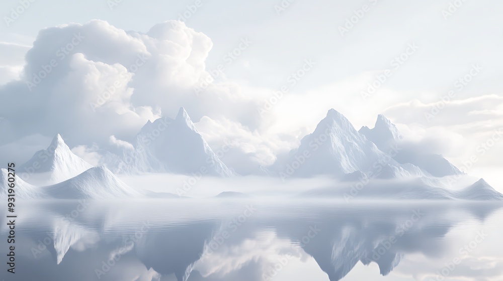 Poster illuminated neon white mountainscape with clouds and reflective ice - 3d render