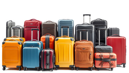 Set of various travel suitcase, luggage trolley bags in different colours isolated on  isolated with white highlights, png