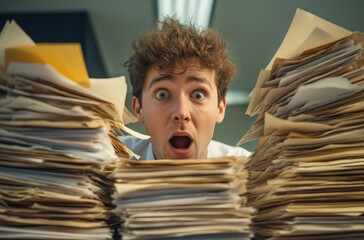 A young man with a large stack of papers on his desk and shocked expression due to the overwhelming amount of backlog job