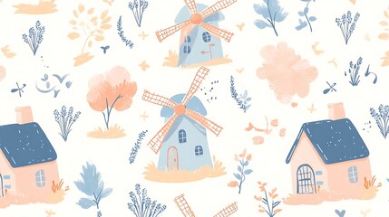 Serene Windmills Delight - Hand-Drawn Cartoon Illustration in Soft Blue, Lavender, and Peach Seamless Pattern