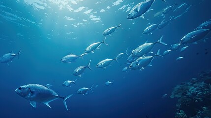 Fototapeta premium Jackfish School in Andaman Sea Marine Conservation on World Ocean Day.