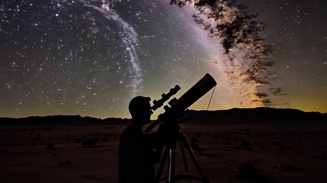 A celestial adventure unfolds as the observer gazes at the Milky Way, the telescope revealing the universe's wonders.