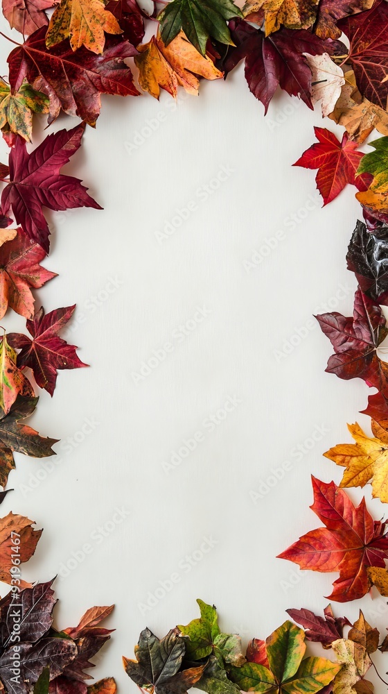 Poster autumn leaves frame creating copy space on white background