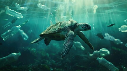 Sea turtle swimming in plastic filled ocean. Oceans pollution concept.