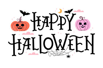Happy Halloween calligraphy. Decorative lettering with pumpkins, bats, spider web. Vector illustration isolated on white
