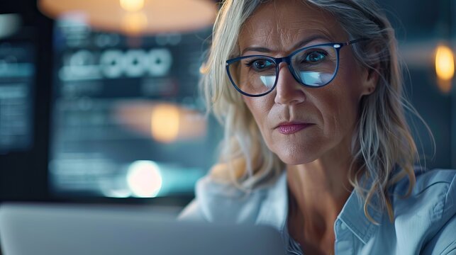 Mature businesswoman working on laptop at workstation.