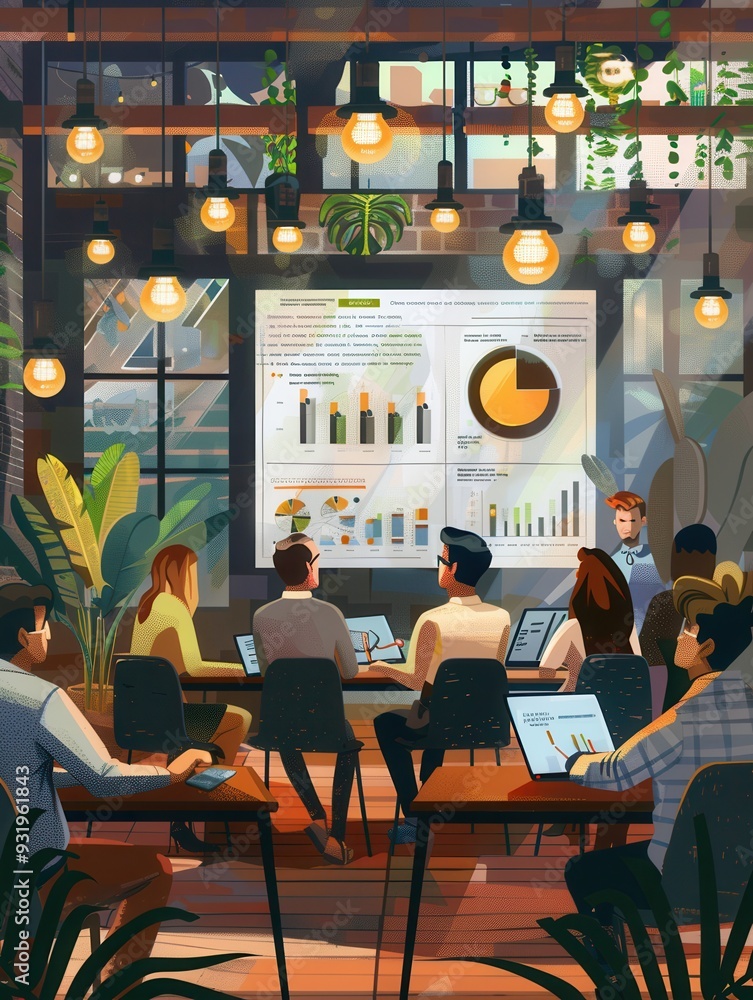 Aufkleber participants focus on a presentation in a vibrant workspace, surrounded by plants and soft lighting,