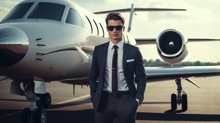 Businessman in suit stands next to private plane. Generative AI Pro Photo