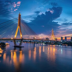 Obraz premium Elegant Rama VIII Bridge in Bangkok, A Modern Suspension Bridge Over the Chao Phraya River
