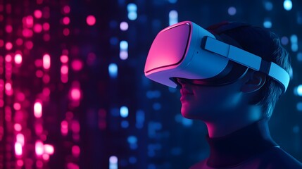 Person wearing VR headset against a futuristic neon background.