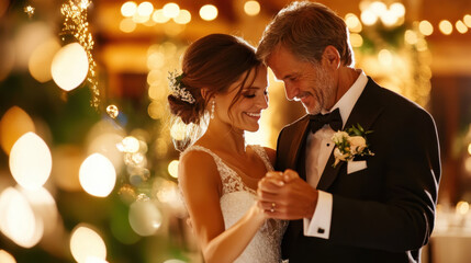 wedding dance between a father and bride in elegant attire, surrounded by soft bokeh lights and festive atmosphere