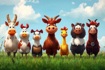 Naklejka premium Cute Cartoon Farm Animals Standing Together in a Field