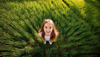 Ein Mädchen inmitten von einem grünen Feld schaut erstaunt nach oben; Aufnahme von oben