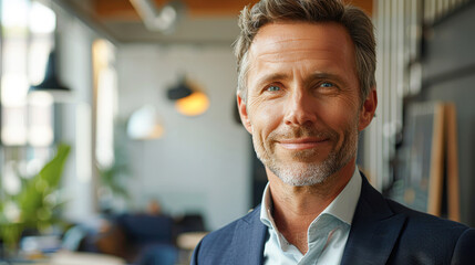 Fototapeta premium A man in a suit is smiling and looking at the camera