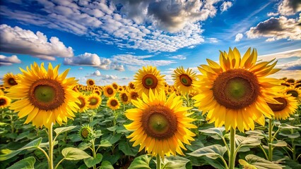 Fototapeta premium Vibrant sunflowers reaching towards the cloudy blue sky in a vast field of nature