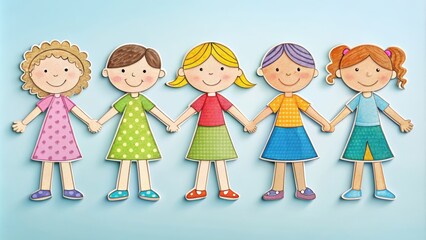 Fototapeta premium Paper doll friends holding hands and smiling , friendship, joy, paper dolls, cutouts, craft, bonding, happy