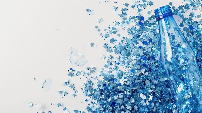 Plastic bottle surrounded by PET flakes  recycling and environment.