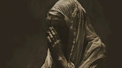Vintage sepia image of a suffering religious woman praying