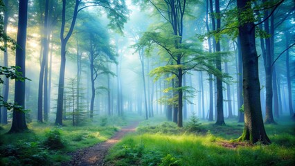 Misty morning in a foggy forest with eerie atmosphere, tranquil and spooky nature scene