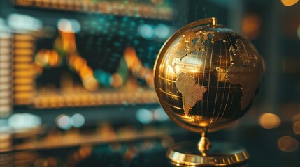 Golden globe map image next to gold coins for business strategy for global financial development.