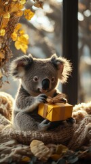Fototapeta premium Cute koala holding a gift sitting on a knitted blanket