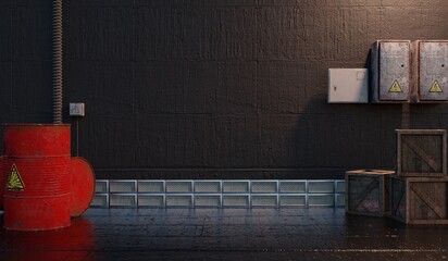 Industrial Room Inside an industrial factory with metal storage tanks, machinery, and a large workshop Background 3D Illustration
