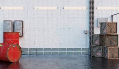 Industrial Room Inside an industrial factory with metal storage tanks, machinery, and a large workshop Background 3D Illustration