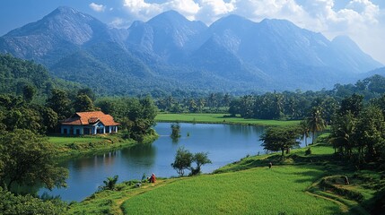 Fototapeta premium A serene scene of rice paddies in Tamil Nadu, with farmers working in the fields surrounded by lush greenery and distant hills.