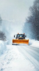 Snowplow truck cleaning road after heavy snowfall