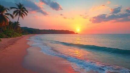 A peaceful view of the beaches of Goa, with palm trees swaying in the breeze and the sun setting over the Arabian Sea.