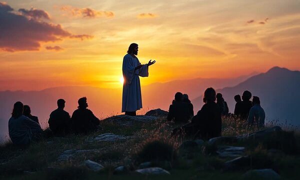 
Silhouette of jesus preaching a powerful sermon on a mountain top, surrounded by followers. A serene and spiritual biblical scene captured in this impactful image.