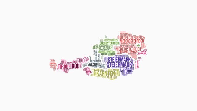 Austria regions word cloud animation. Country logo animated video. Austria colored text cloud. Regions typography style motion graphics. Stylish video.