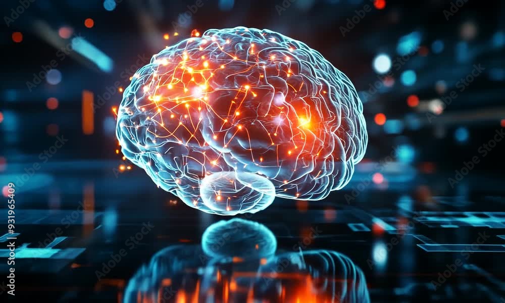 Poster in this image, a glowing brain portrays advanced ai neural networks and technological vision, offeri