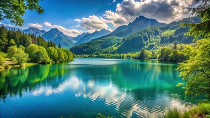 Fototapeta premium Scenic view of a beautiful lake surrounded by lush greenery and mountains, Lake, view, water, nature, landscape