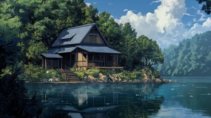 Obraz premium Tranquil Lake house, anime style