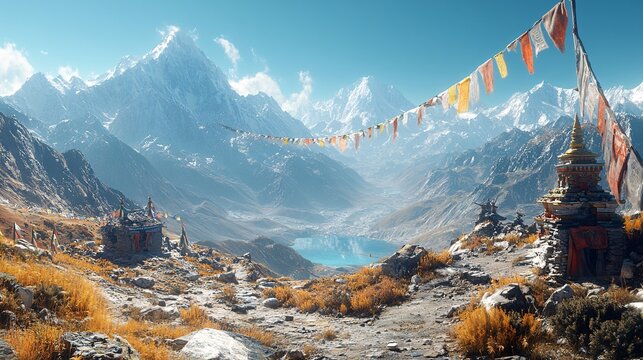 A view of the towering mountains of the Himalayas, with prayer flags fluttering in the wind and a clear blue sky above.