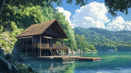 Fototapeta premium Tranquil Lake house, anime style