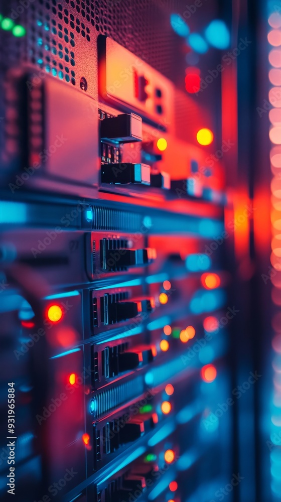 Poster server rack storing data is illuminated in blue and red light