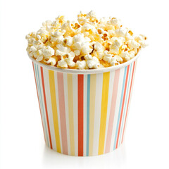 Popcorn in a cardboard bucket on a white background.