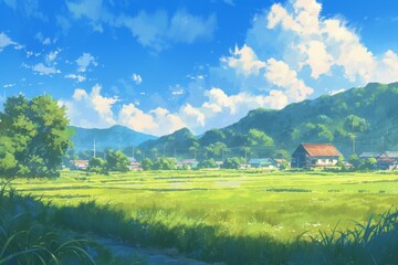 Obraz premium Scenic anime landscape of a peaceful village nestled amidst lush green rice fields, mountains and blue skies. Concept of countryside living, tranquility, and natural beauty