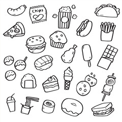 Collection of Fast Food and Drink Outline Drawing Doodles