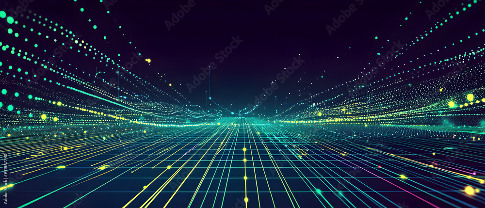 Poster a vector illustration of a fast-paced technology concept, flat colors with a gradient from black to 