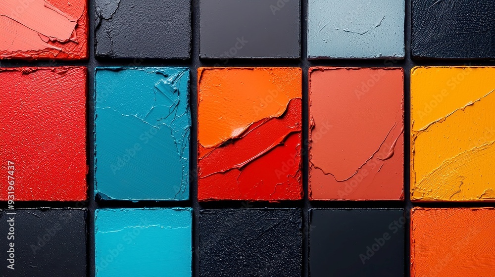Poster vibrant colour swatch palette, an array of hues displayed on a smooth surface, showcasing a spectrum