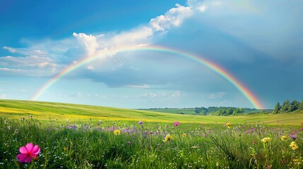 Naklejka premium Colorful rainbow under blue sky green grassland background on mountain