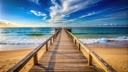 Fototapeta premium Wooden pier stretching out into the ocean on a sandy beach , beach, wood, pier, ocean, sand, summer, vacation