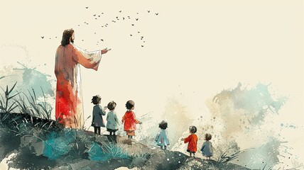 A minimalist drawing of Jesus pointing towards the sky while children gaze up in wonder. The illustration uses soft colors and simple outlines to create a serene and uplifting moment.