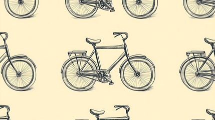 Obraz premium Whimsical Bicycle Pattern: Hand-Drawn Black and White Illustration on Light Yellow Background - PNG Mockup Template for Design Inspiration