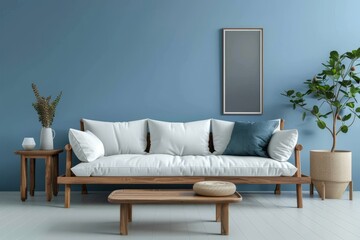 A stylish living room features a white sofa with decorative pillows, a wooden coffee table, and a plant against a blue wall.